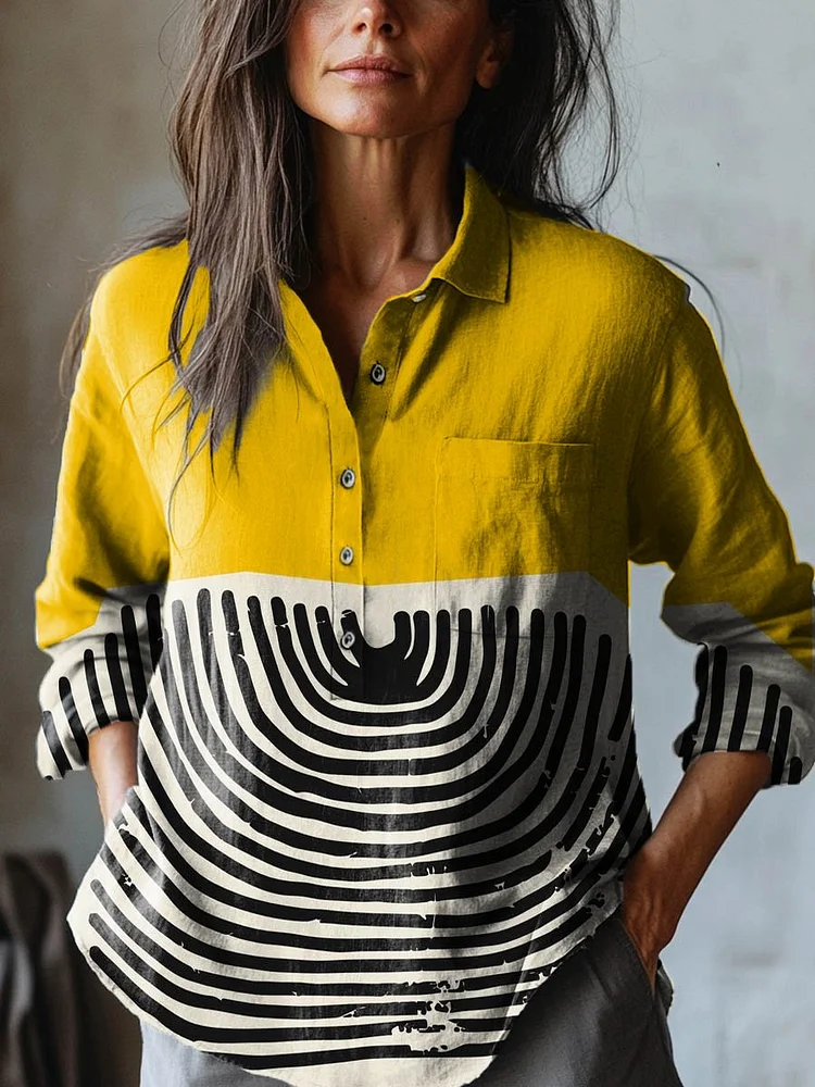 Women's Abstract Geometric Line Pattern Art Print Casual Cotton And Linen Shirt
