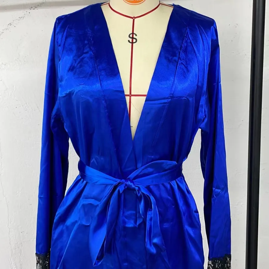 Churchf Spring And Summer Sexy Simulation Silk Robe Casual Thin Home Clothes Pajamas Lace Loose Cardigan With Bathrobe