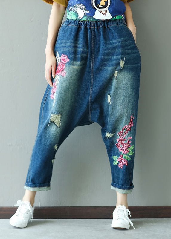 Boutique dark Blue Embroideried Pockets elastic waist ripped Jeans Spring CK634- Fabulory