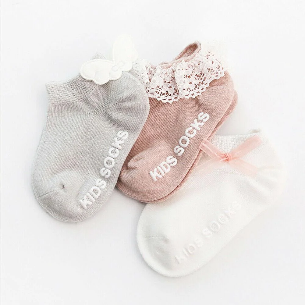 2021 Children Accessories Newborn Infant Baby Kids Girls Toddlers Soft Cotton Lace Bow Princess Angel Ankle Socks 3Pairs/Sets
