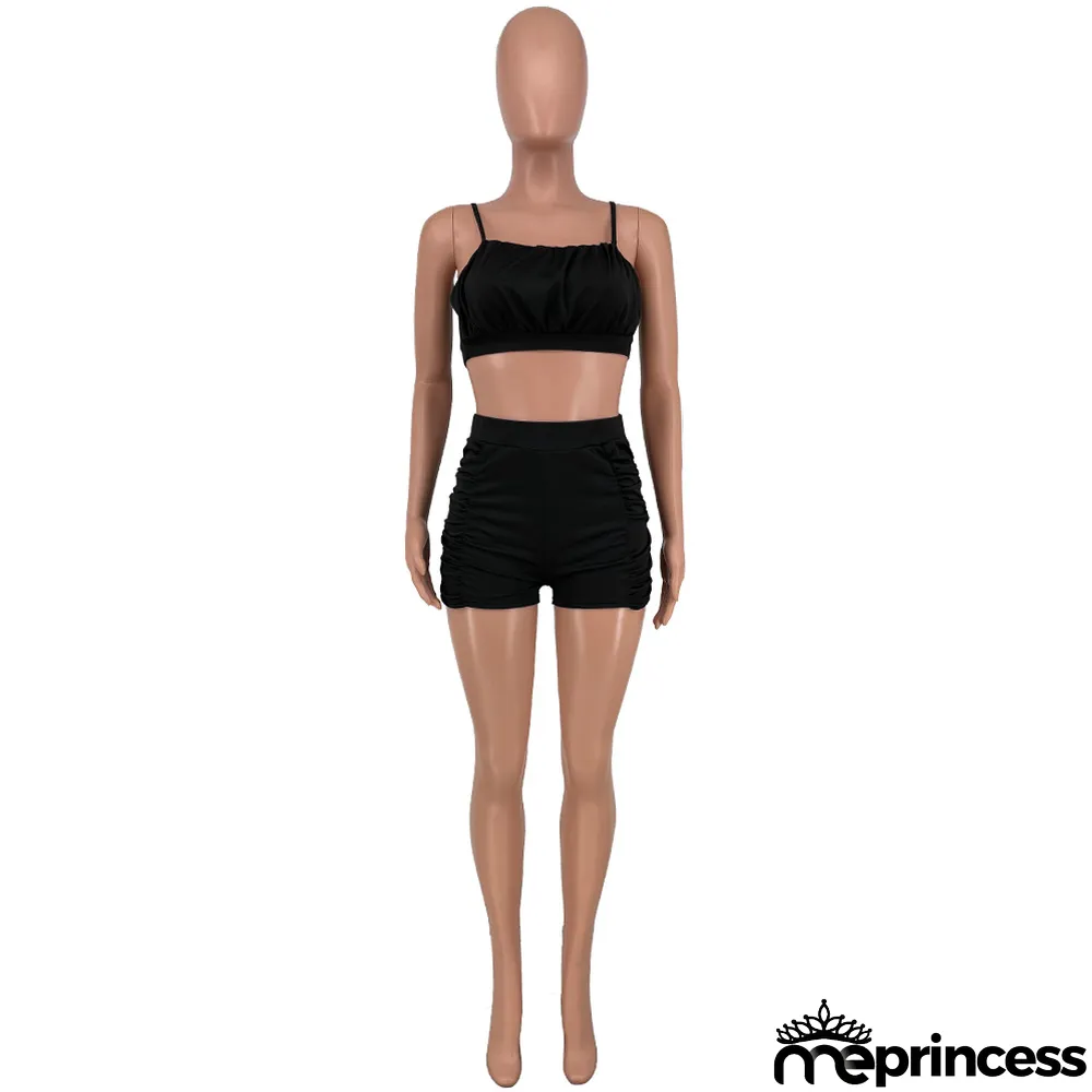 Sexy Solid Ruched Cami Top And Shorts 2 Piece Sets