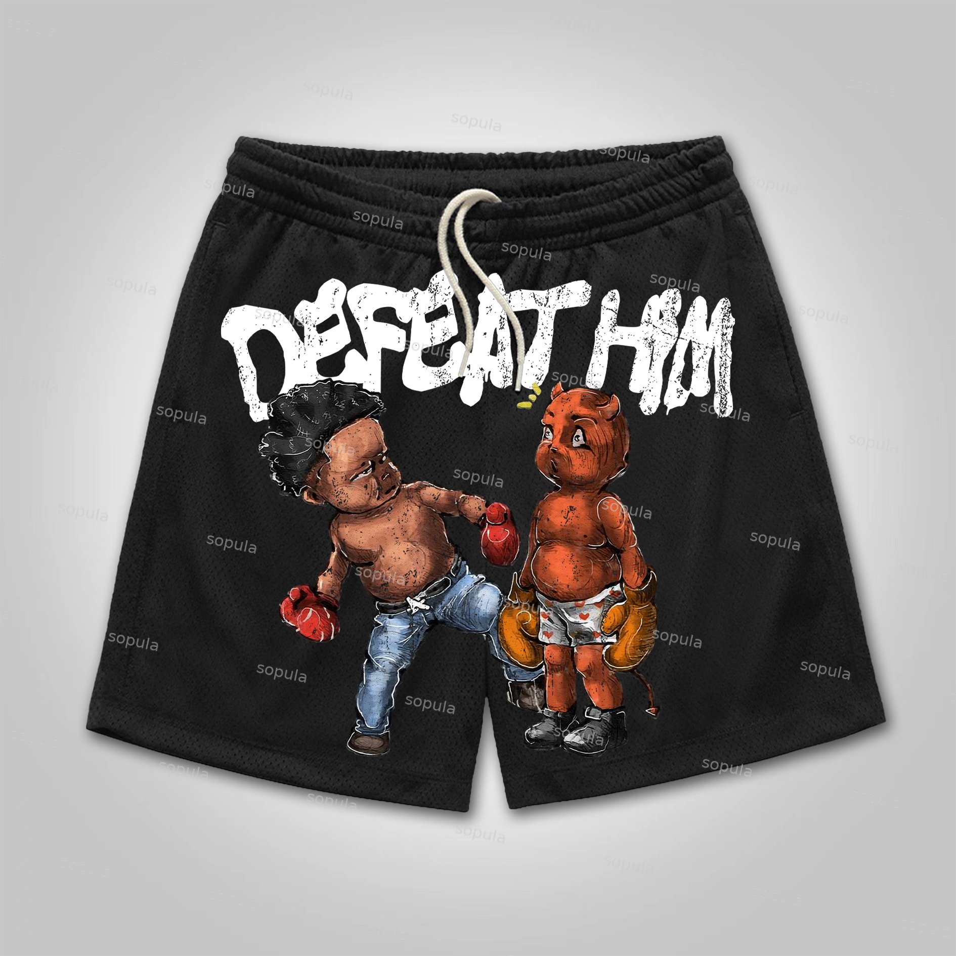 Sopula Boxer Defeat Him Graphic Mesh Shorts