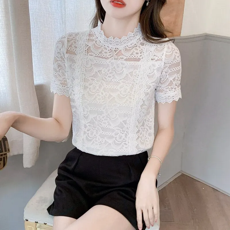 White Lace Shirt Women's Short Sleeve Top Korean O Neck Blouse Summer Fashion Loose Hollow Out Floral Chiffon Shirt Blusas 15211