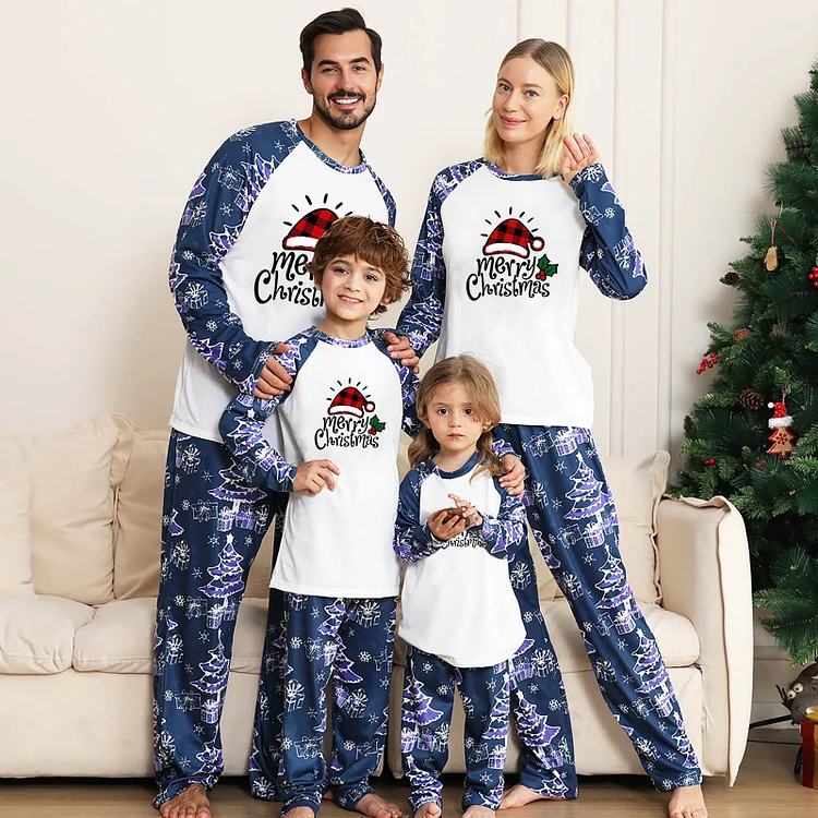Merry Christmas Hat Blue Print Holiday Matching Pajamas Sets