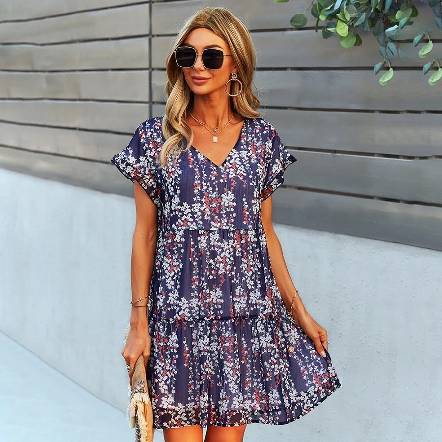 2021 Summer Short Dress Elegant Floral Print Casual Dress Women A-Line V-Neck Loose Mini Dress Chiffon Holiday Sundress Clothes