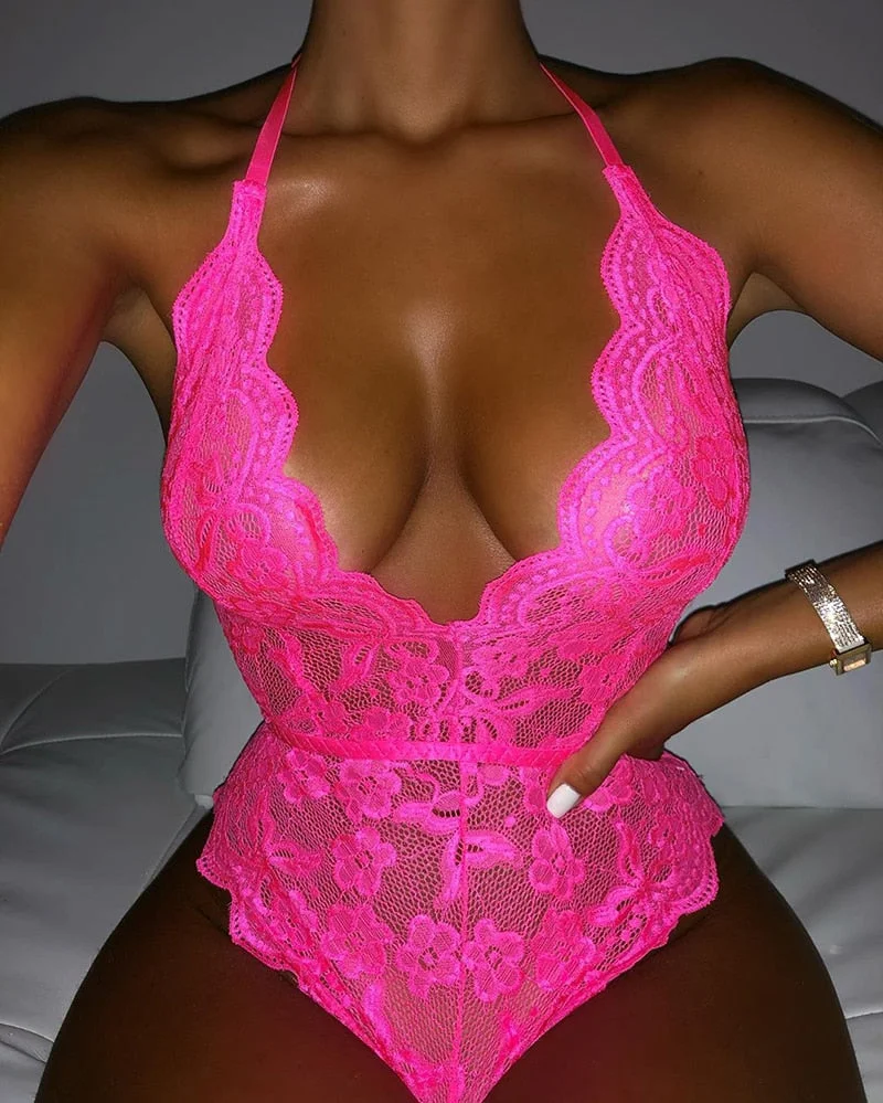 Yimunancy Floral Lace Bodysuit Women 9 Colors Halter Backless Bodysuit Ladies Sexy Teddies Bodysuit Body Femme