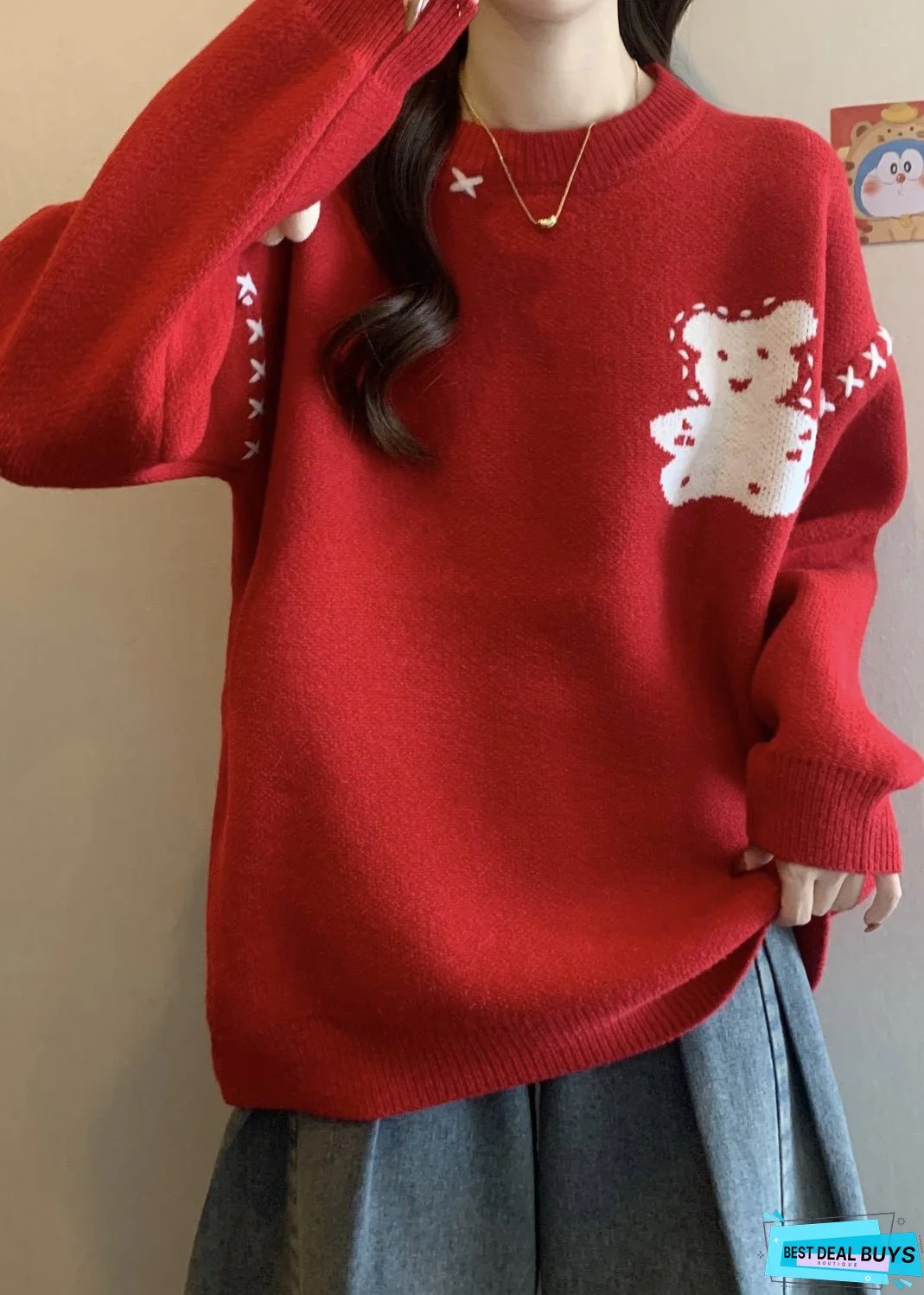 Unique Red O Neck Cartoon Patchwork Knitted Sweaters Winter