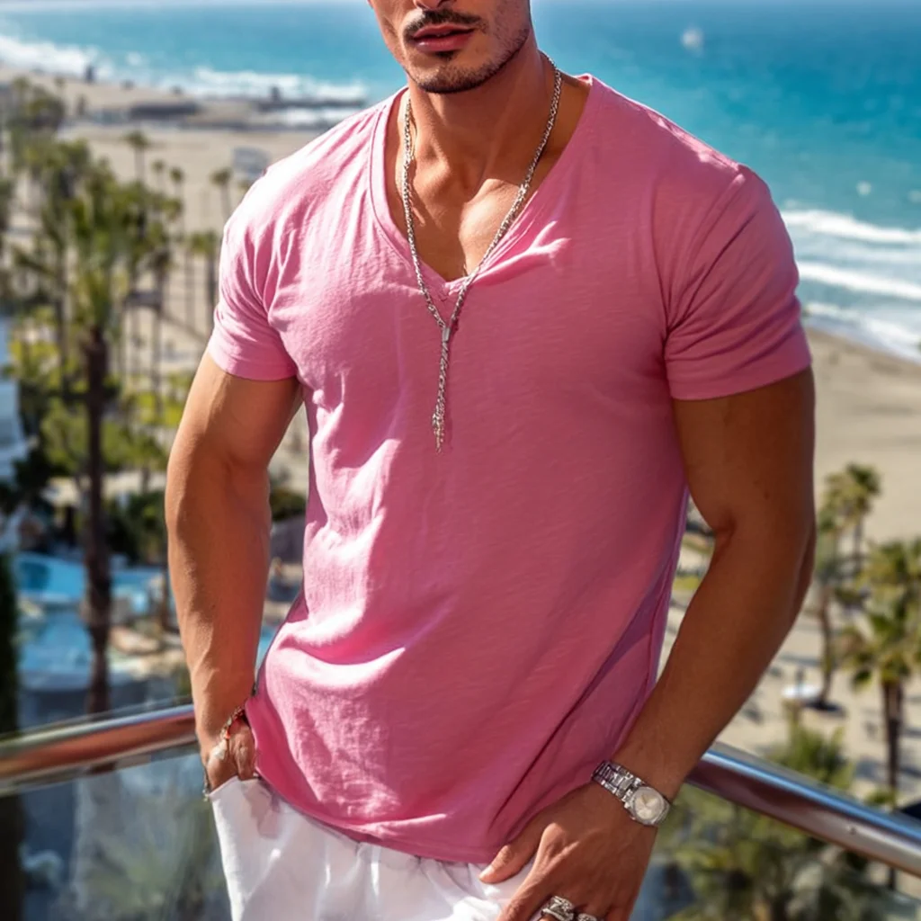  Stylish Pink V-Neck T-Shirt for Men - Perfect for Summer Beach Outings-inspireuse