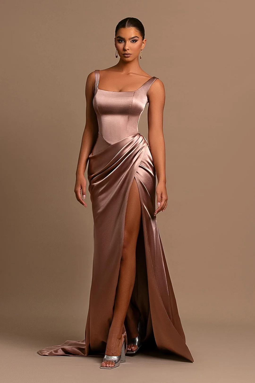 Gorgeous Lotus Root Pink Evening Dress Ball Gown Wide Shoulder Straps Square Neckline Pleated Slit