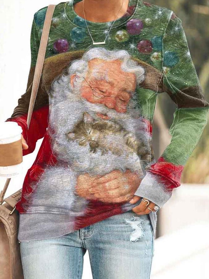 Santa And Cat Print Sweatshirt