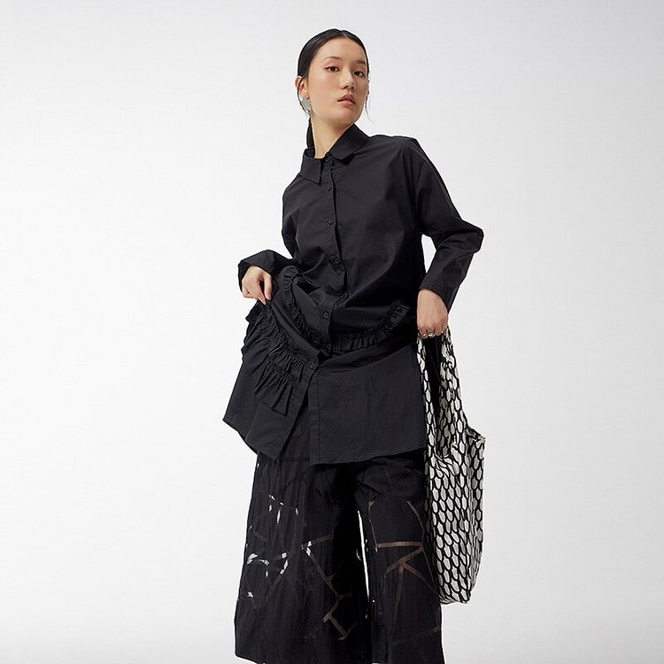 Fashion Loose Solid Color Lapel Single-breasted Splicing Fungus Edge Long Sleeve Shirt      