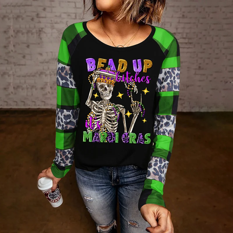 Mardi Gras Leopard Plaid Skull Print T-Shirt