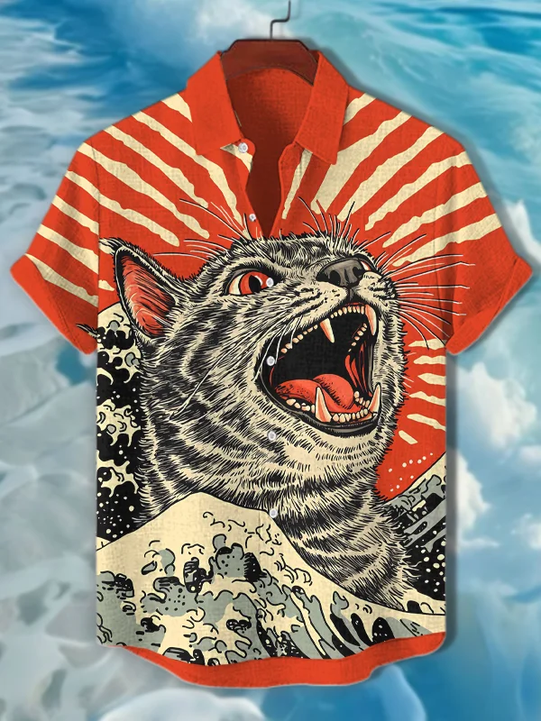 Men's Great Wave Cat Japanese Art Print Short Sleeve Shirt