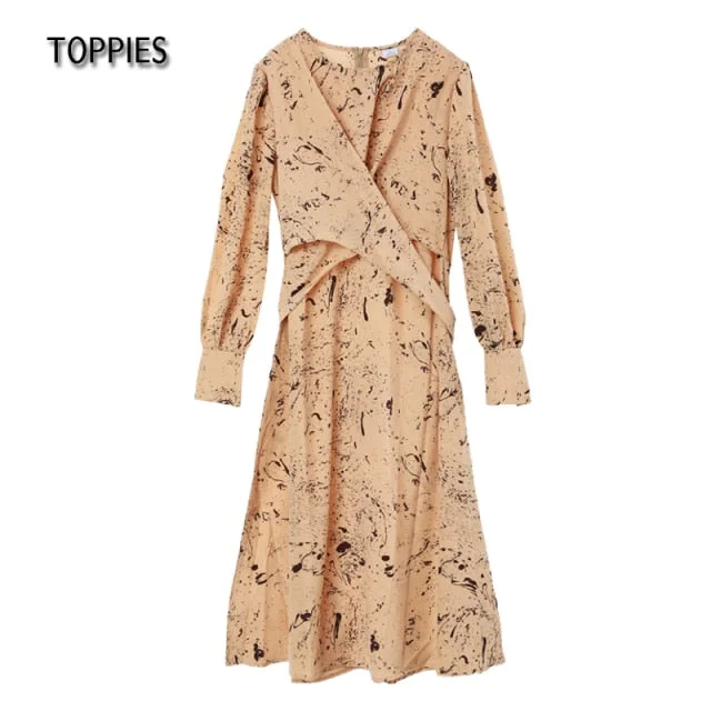 Long Sleeve Fashion Print Chic Belt zipper Loose Midi Dress