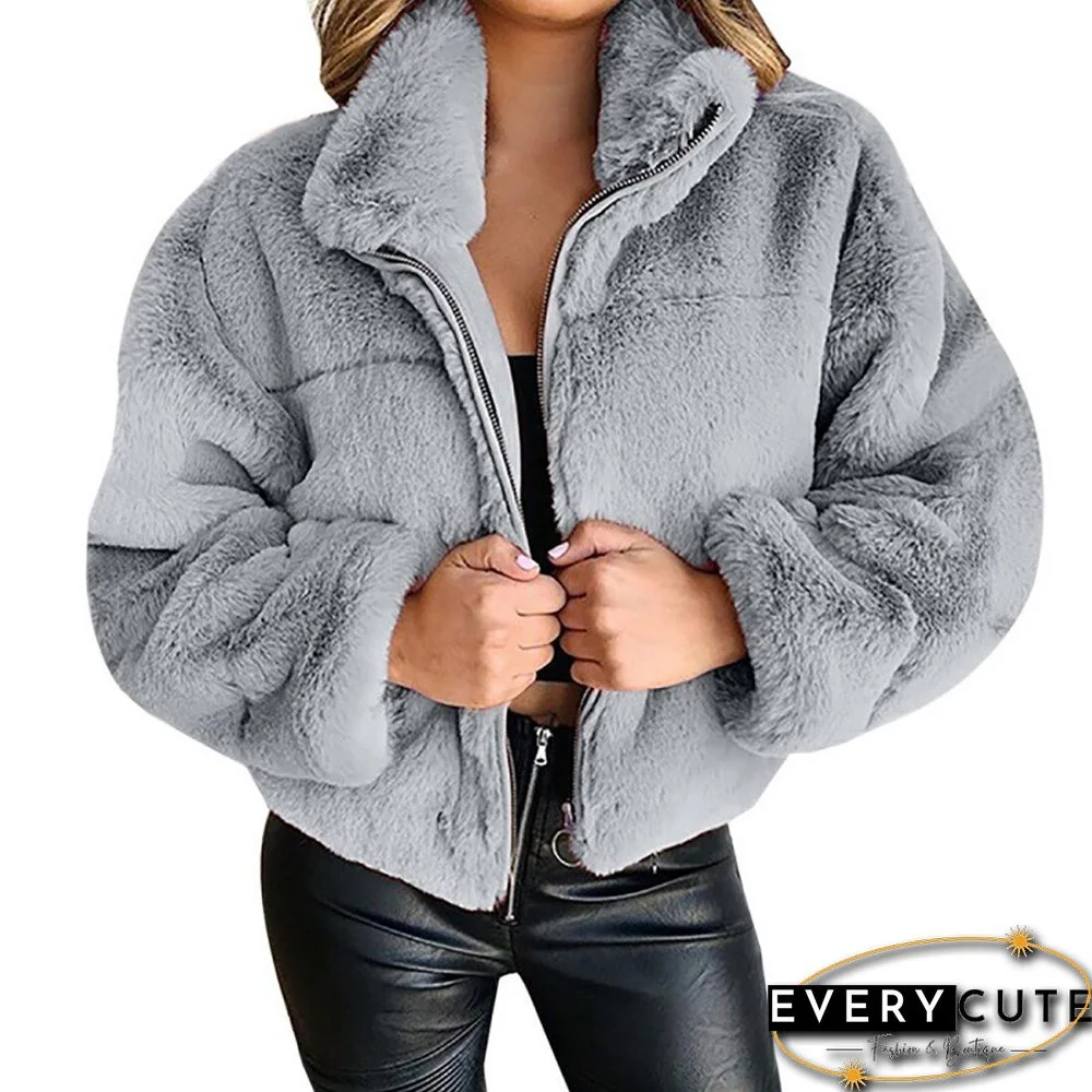 Gray Faux Rabbit Fur Zipper Warm Coat