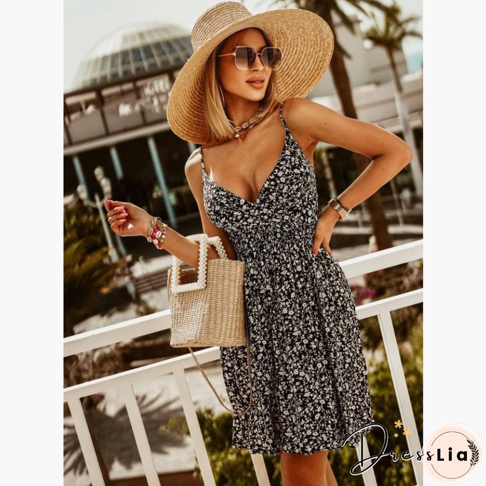 Women Retro Floral Print Elastic Waist Mini Dress Sexy Deep V Neck Sleeveless Sling Dress Summer Backless Lady Dresses Vestidos