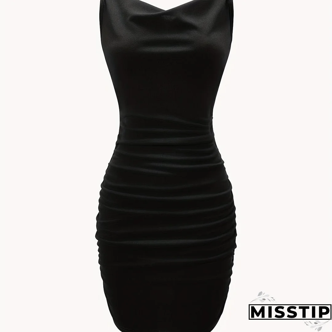 Solid Cowl Neck Mini Dress, Ruched Side Body Con Cami Dress , Women's Clothings
