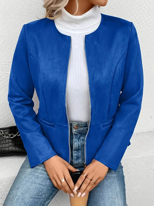 Zipper Split-Joint Solid Color Pockets Loose Long Sleeves Round-Neck Outerwear Jackets