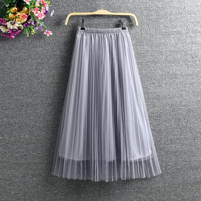 Zoki New 2021 Women Tulle Skirt Elastic High Waist Mesh Spring Summer Fashion Long Skirt A Line Black Girl Korean Pleated Faldas