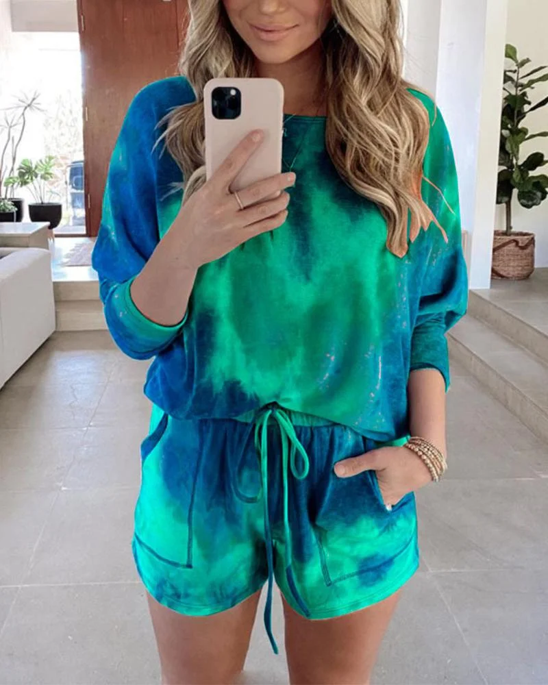 hirigin New Tie Dye Colorful 2Pieces Sets Women Tracksuits Casual Long Sleeve Pullovers Lace Up Shorts with Pockets Outfits
