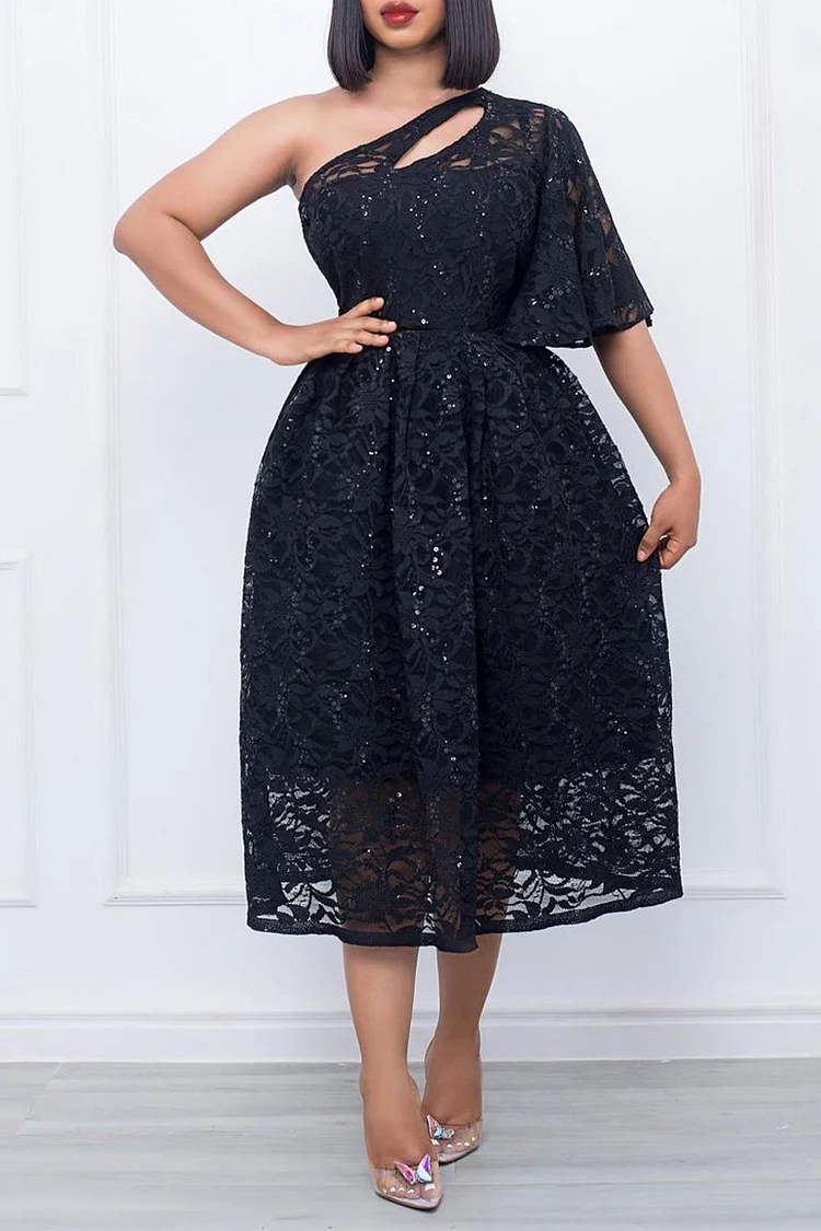 Plus Size Black Semi Formal One Shoulder Lace Cut Out Midi Dresses 
