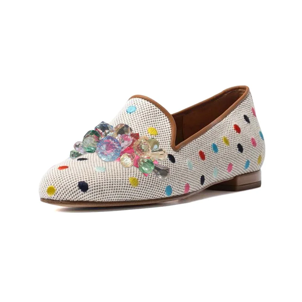 Multicolor Dot Round Toe Loafers With Rhinestone Flower Decor Low Heel Chunky Loafers Nicepairs