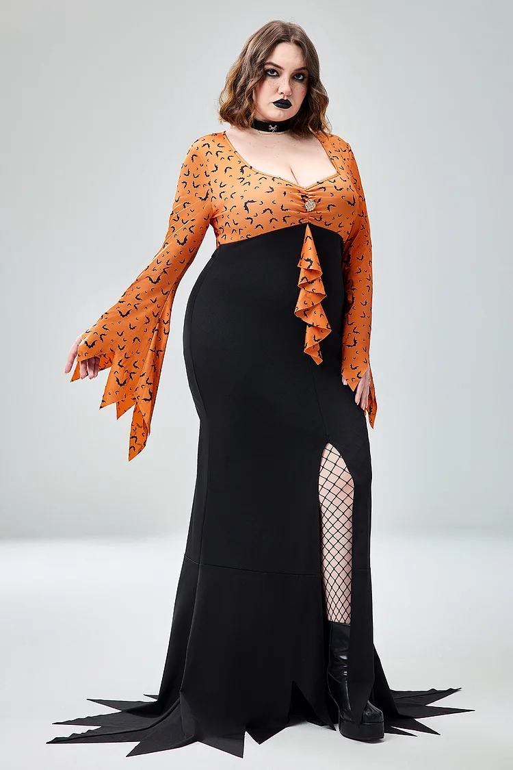 Xpluswear Design Plus Size Halloween Costume Orange Bat Print Evil Queen Knitted Maxi Dress（Ships 24h）