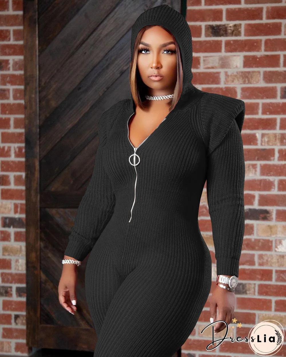 Knitted Long Sleeve Shoulder Padded Hooded Jumpsuit