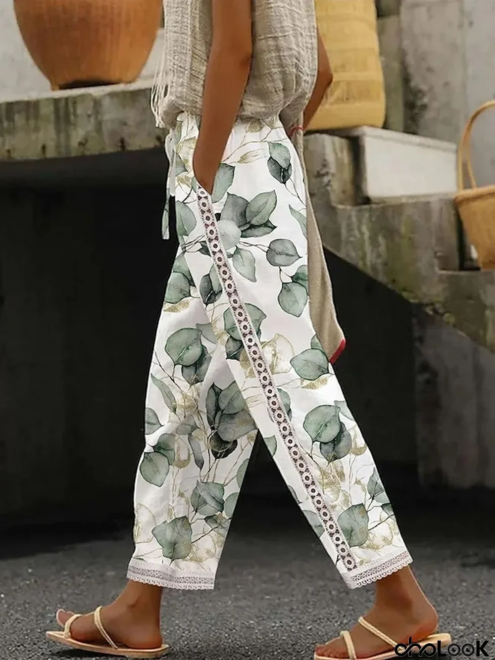 Women's Linen Pants Pants Trousers Baggy Full Length Faux Linen Lace Side Pockets Fashion Casual Weekend White S M