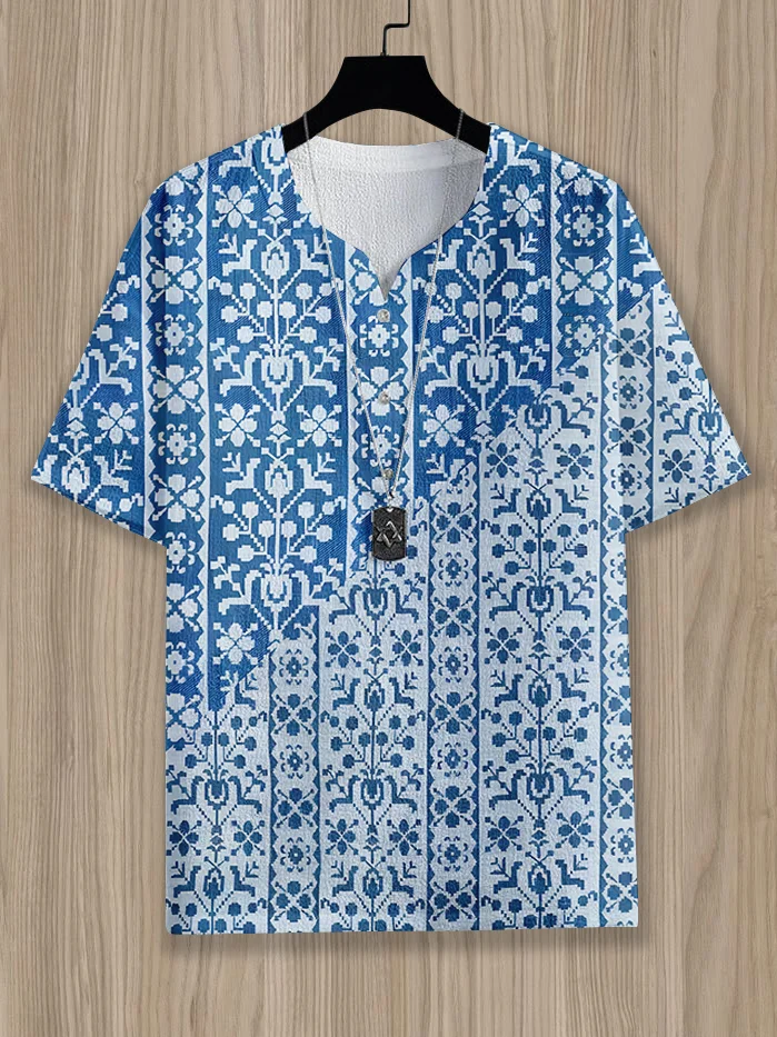 Men's Floral Geometric All Over Print Hawaii Half Button Shirt
