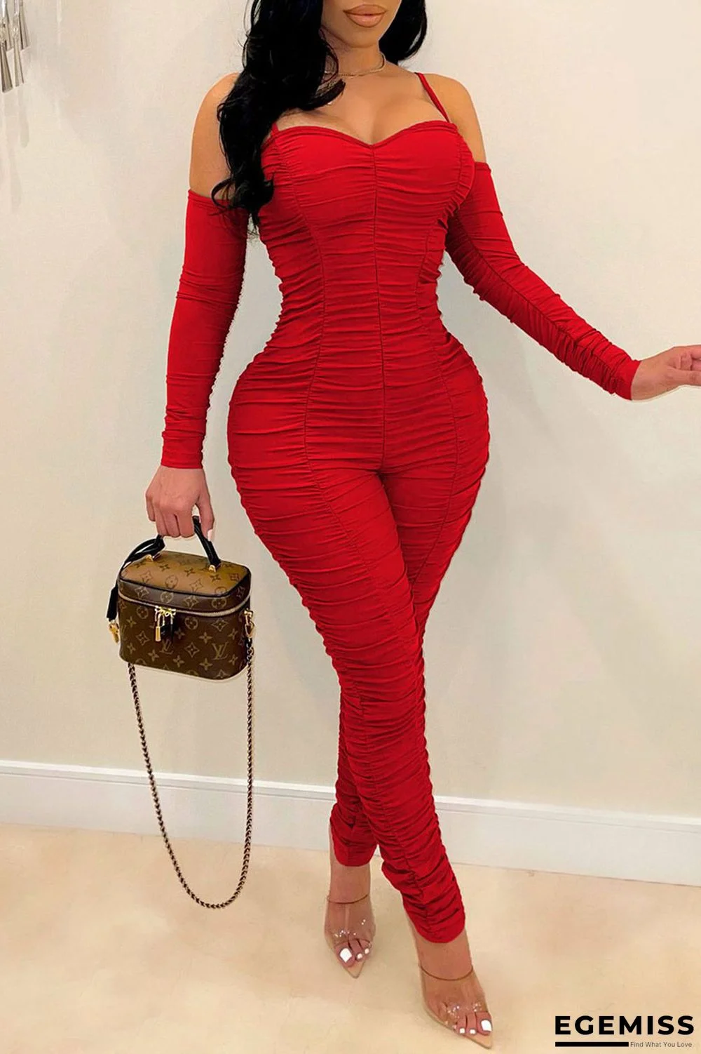 Red Sexy Solid Patchwork Fold Spaghetti Strap Regular Jumpsuits | EGEMISS