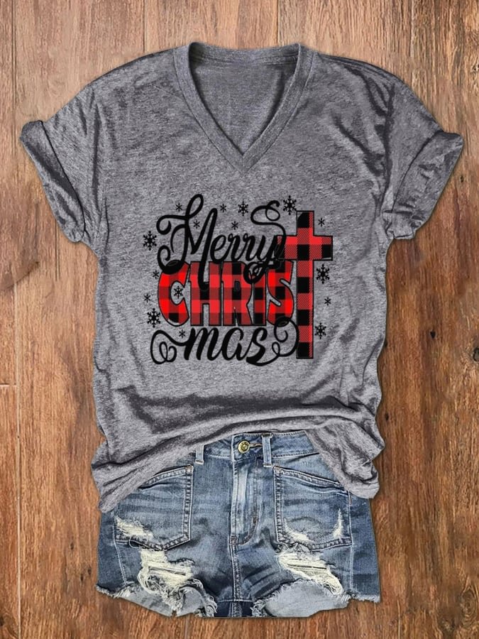 Women's Merry Christ Mas Christmas Jesus Print V-Neck T-Shirt