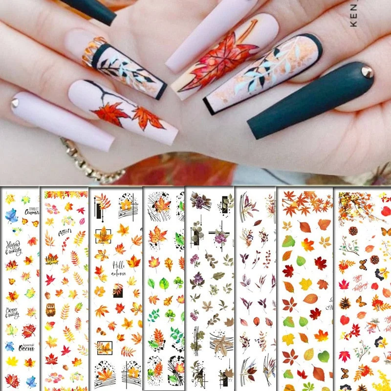 1pcs Fall Maple Leaves Nail Stickers 3D Yellow Gold Fall DIY Sliders Nail Art Decoration Autumn  Adhesive Manicure Nail Decals-Nail Inspo