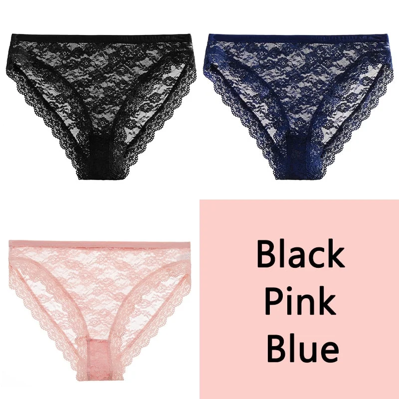 FINETOO Full Lace Briefs Panties Sexy Women Underwear M-2XL Low Waist Underpants Transparent Floral Panty Ladies Lingerie 3Pcs