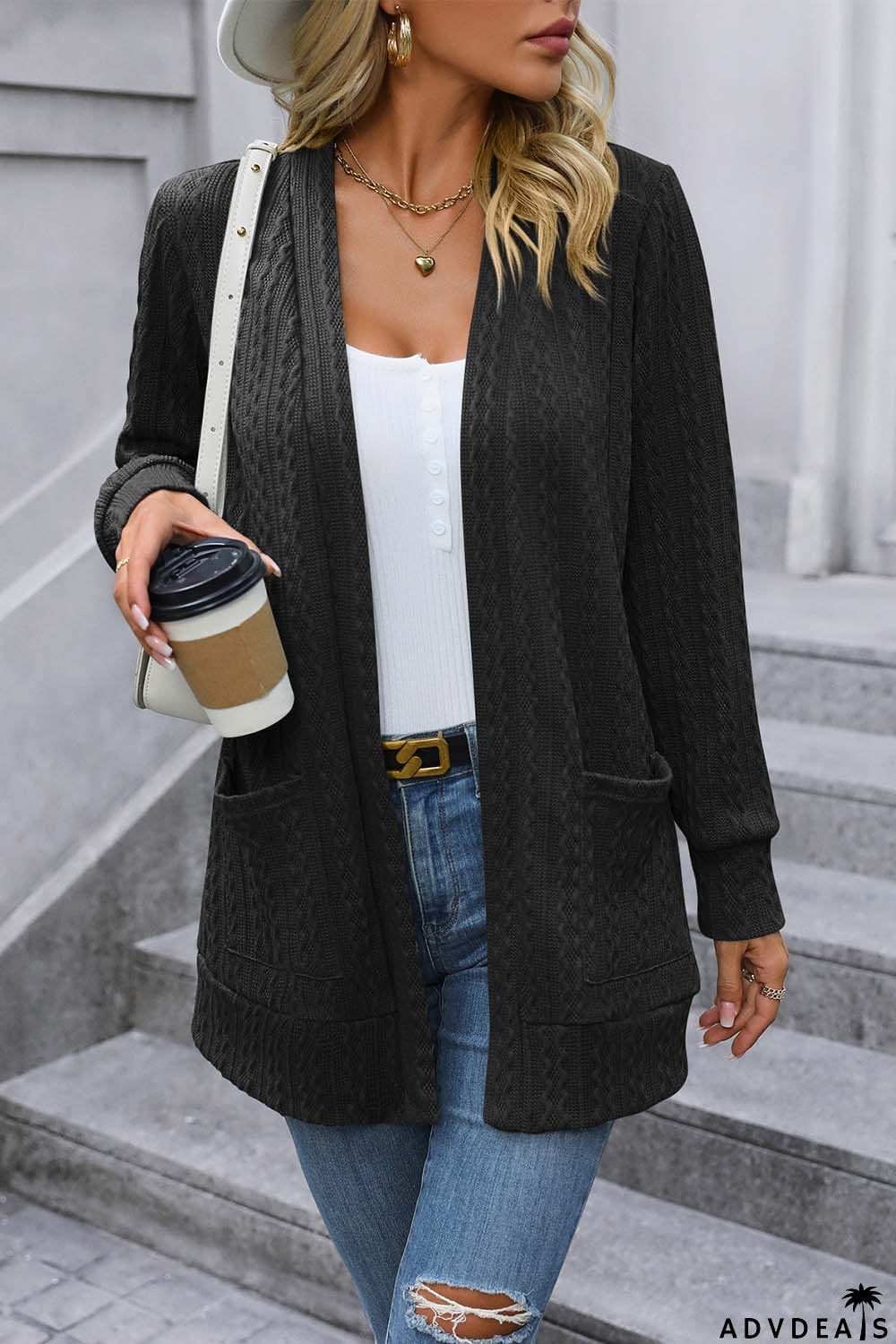 Cable-Knit Long Sleeve Cardigan with Pocket
