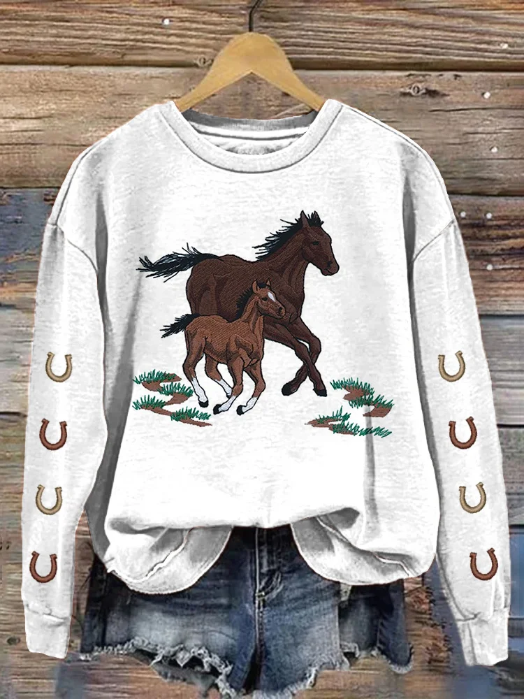 Vintage Horse Embroidery Pattern Cozy Sweatshirt