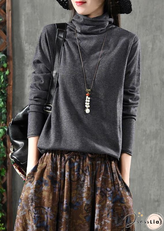 Grey Patchwork Loose Knitting Cotton Tops Turtleneck Fall