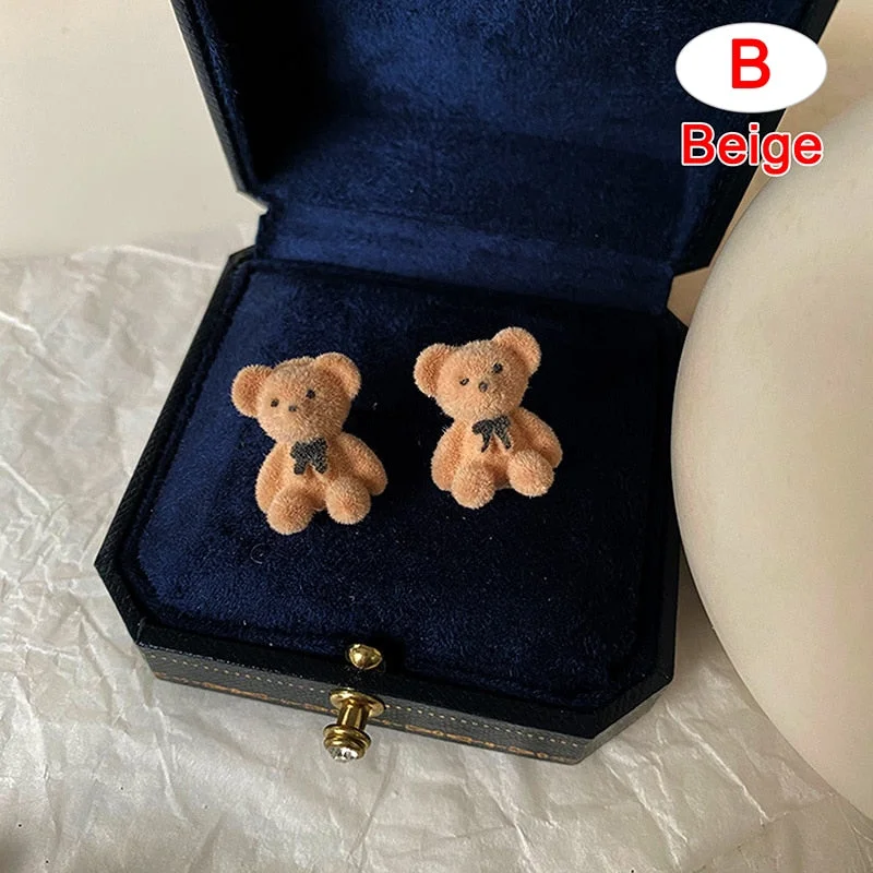 New Korean Kawaii Funny Plush Small Stud Earrings Cute Bow Bear Statement Dainty Earring Fashion Jewelry 2021