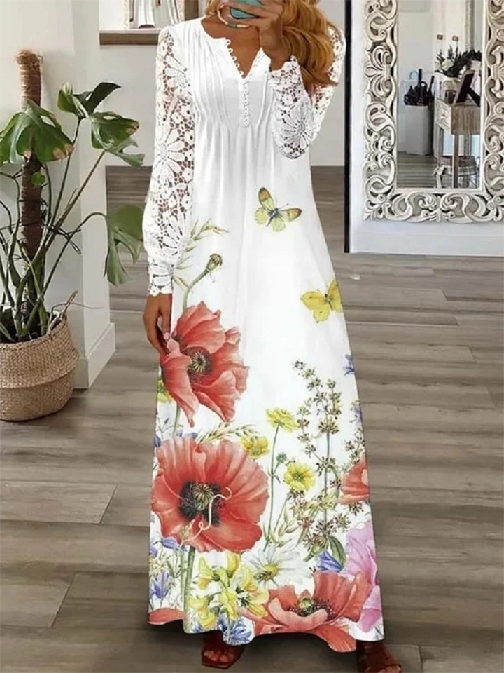Spring and Summer Women's Fashion V-neck Long-sleeved Lace Long Dress