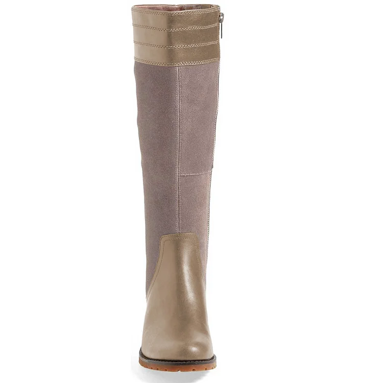 Grey Riding Boots Side Zipper Round Toe Low Heel Knee Boots |FSJ Shoes