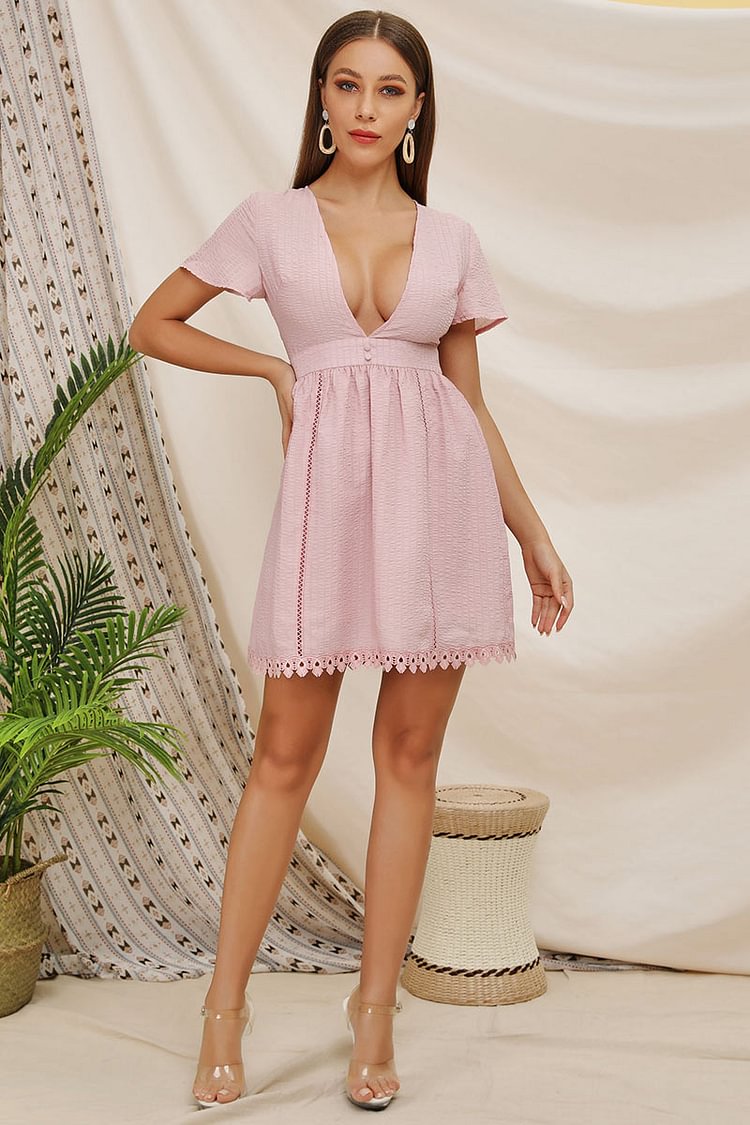 Pink Deep V-neck Lace Panel Short Dress - BlackFridayBuys