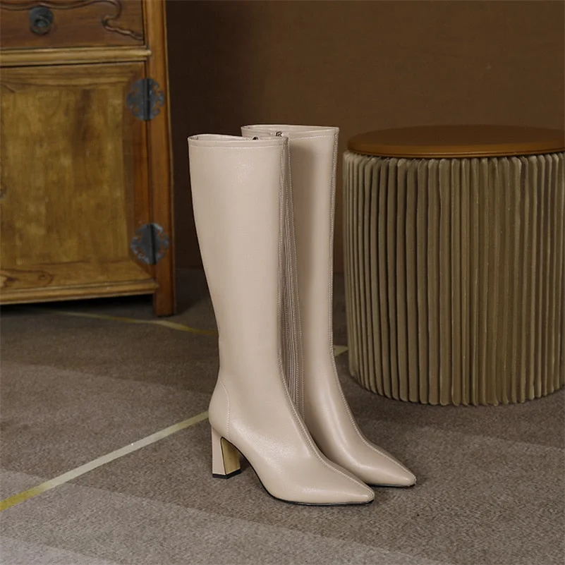Meotina Women Genuine Leather Boots Thick High Heel Zipper Ladies Shoes Pointed Toe Knee High Boots Autumn Winter Apricot Black