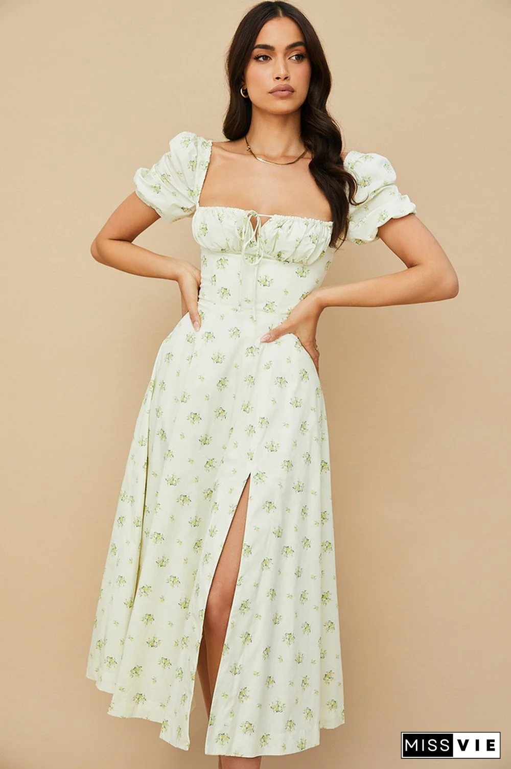 Nwbetter Floral Puff Sleeve Boho Midi Dress