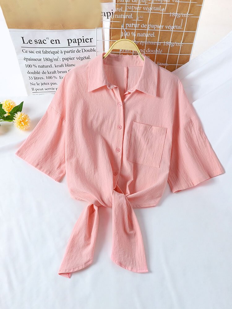 Solid Color Pocket Button Lapel Short Sleeve Knotted Blouse P1858630