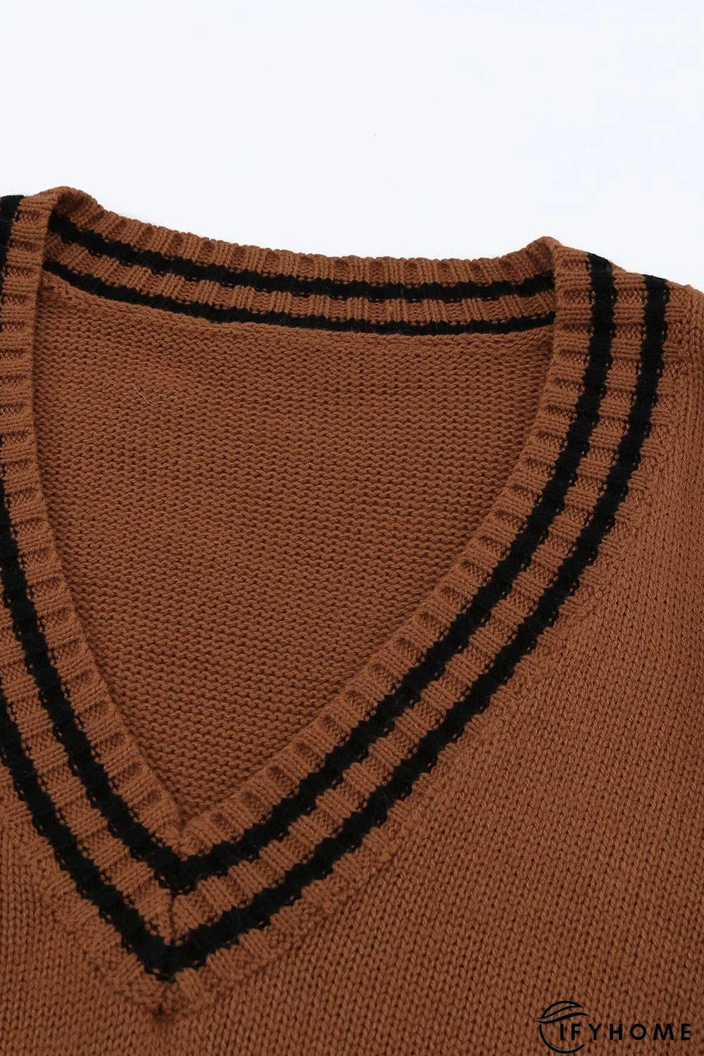 V Neck Contrast Stripes Trims Short Sleeve Sweater | IFYHOME