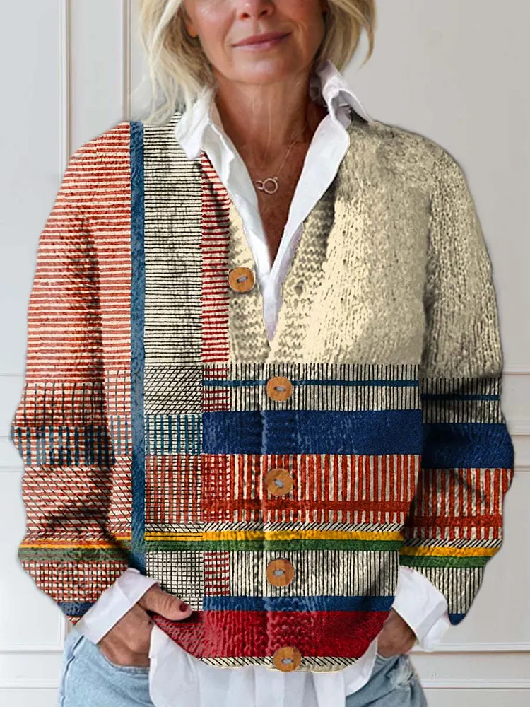 Women's Geometric Pattern Art Print Buttoned Cardigan Sweater