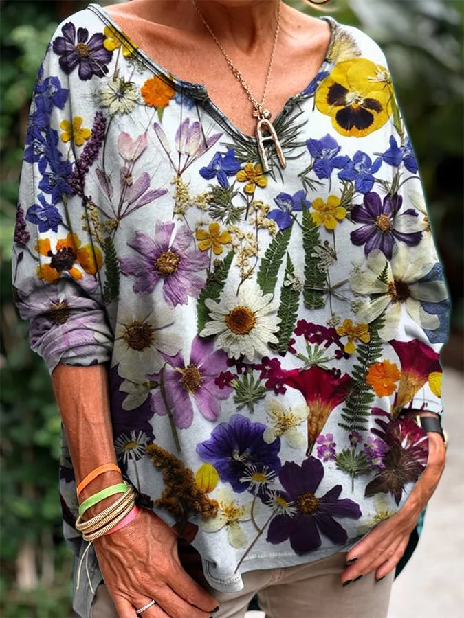 Women's Casual Floral Print V-Neck Top
