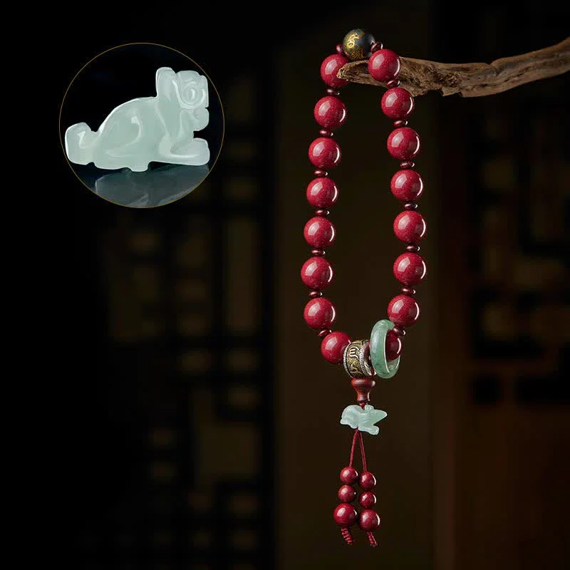 925 Sterling Silver Chinese Zodiac Cinnabar Om Mani Padme Hum Jade Blessing Wrist Mala