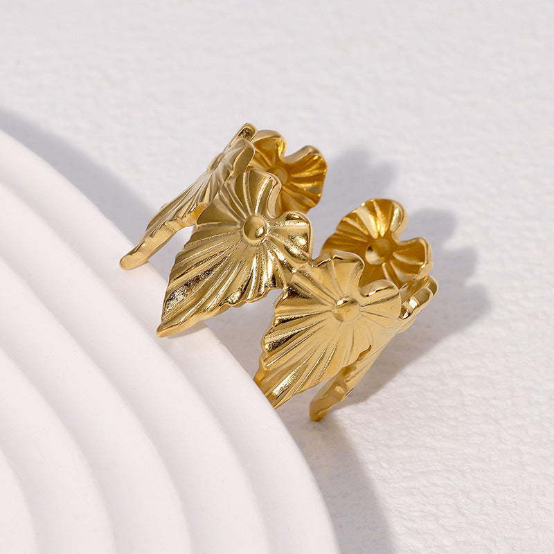 Tropical Leaf Ins Personality Design Simple And Versatile Gold-Plated Stainless Steel Open Ring For Women