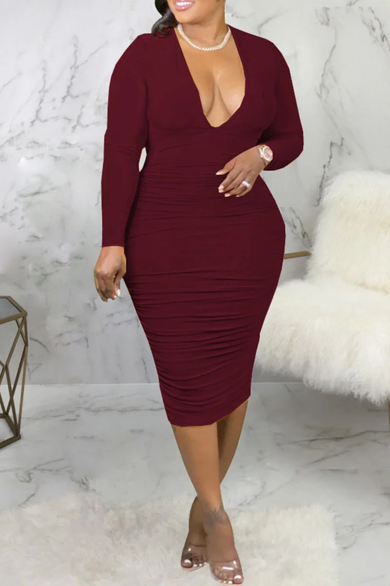 Burgundy Sexy Solid Split Joint Fold V Neck Pencil Skirt Dresses